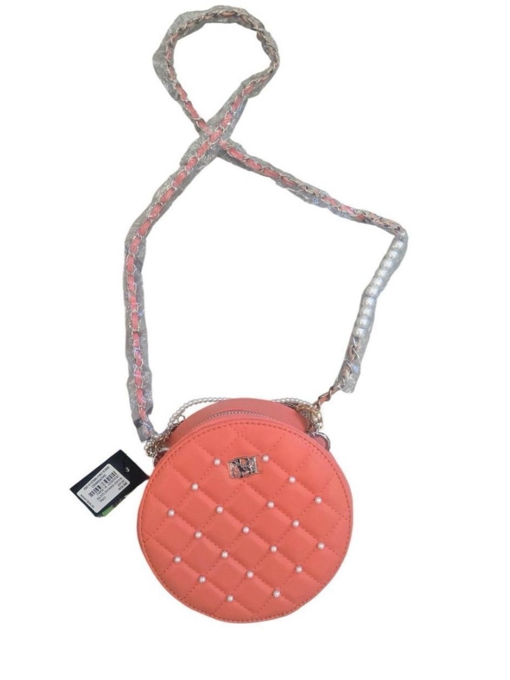 Badgley Mischka Quilted Round Pearl-Embellished Crossbody - Coral